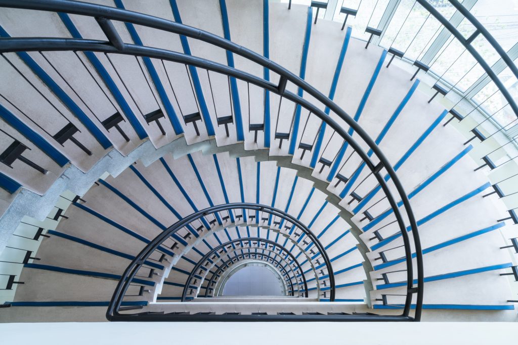 helical stairway, simple modern semicircle staircase, view from the top down